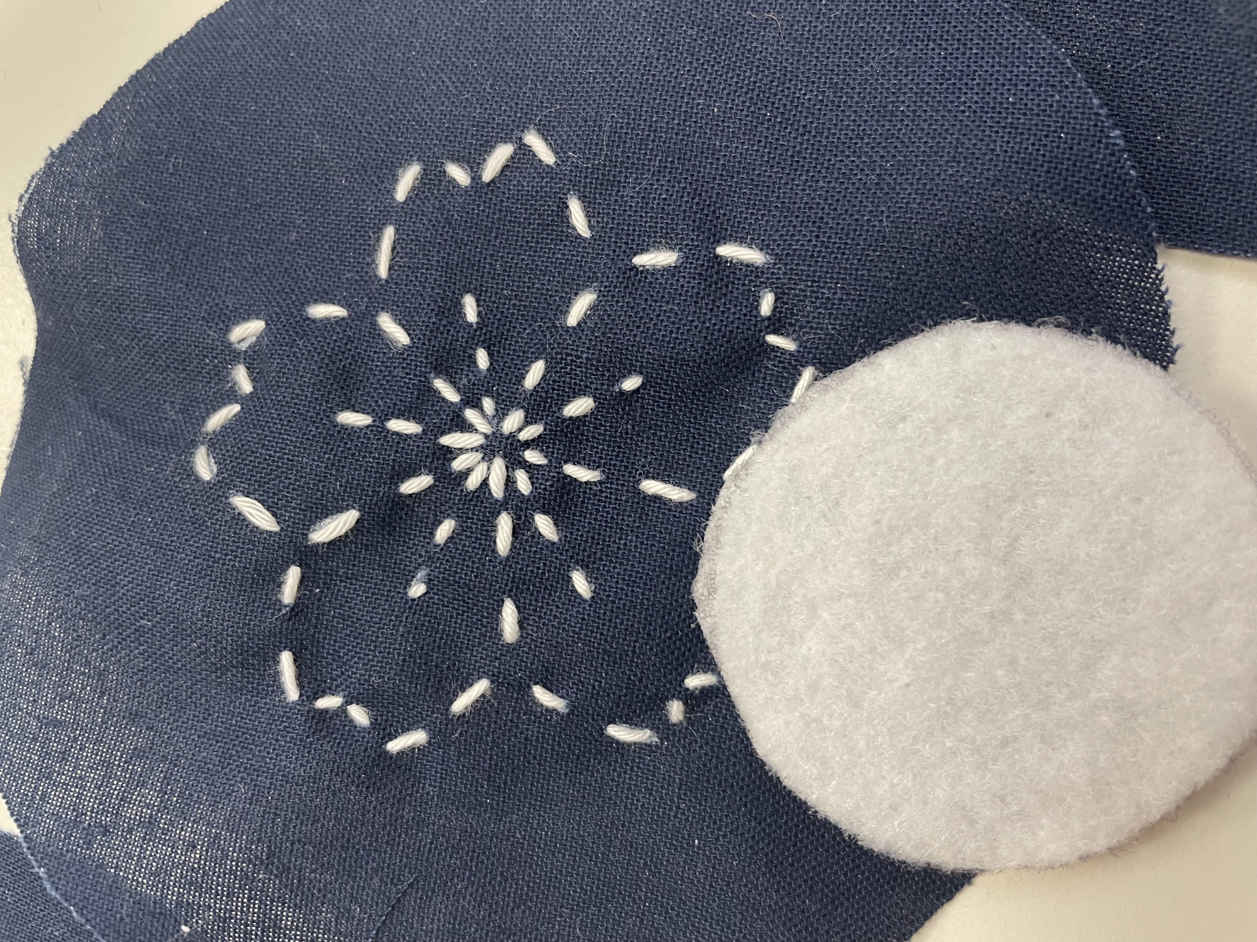 Détail des motifs SASHIKO brodés à la main sur un médaillon bleu nuit