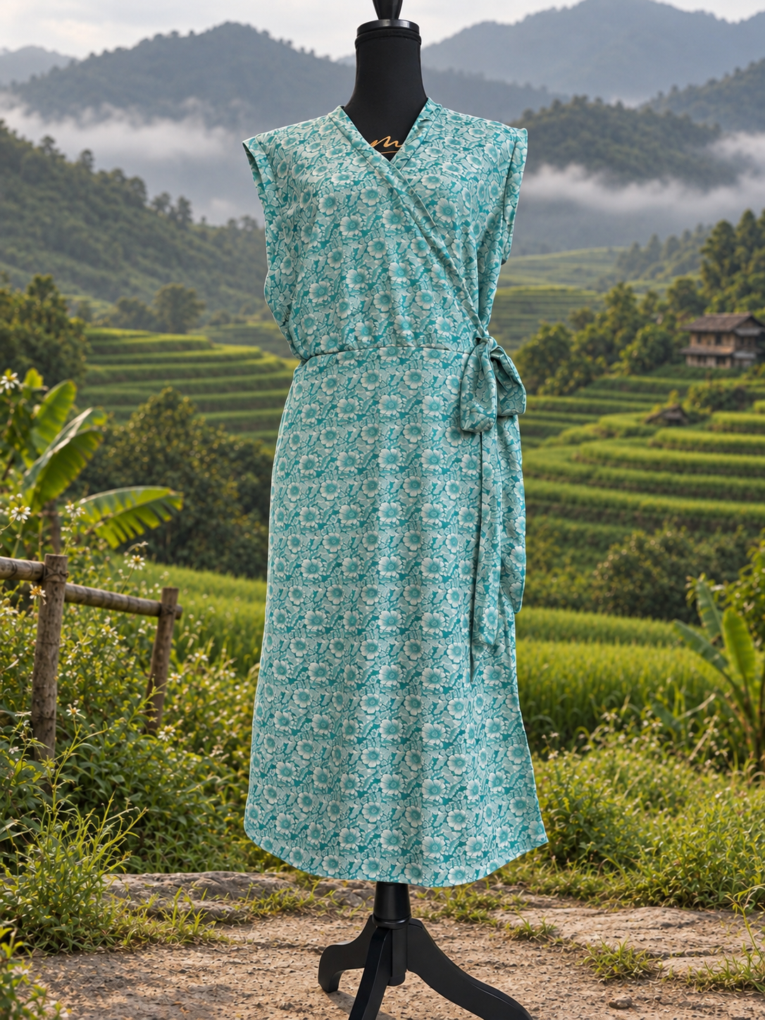 Robe portefeuille sans manches en soie turquoise fleurie du Vietnam